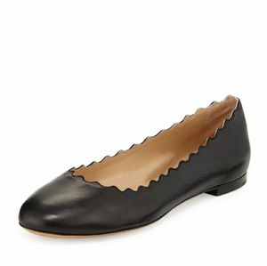 Chloé Lauren Scalloped Edge Black Leather Flats Size 10